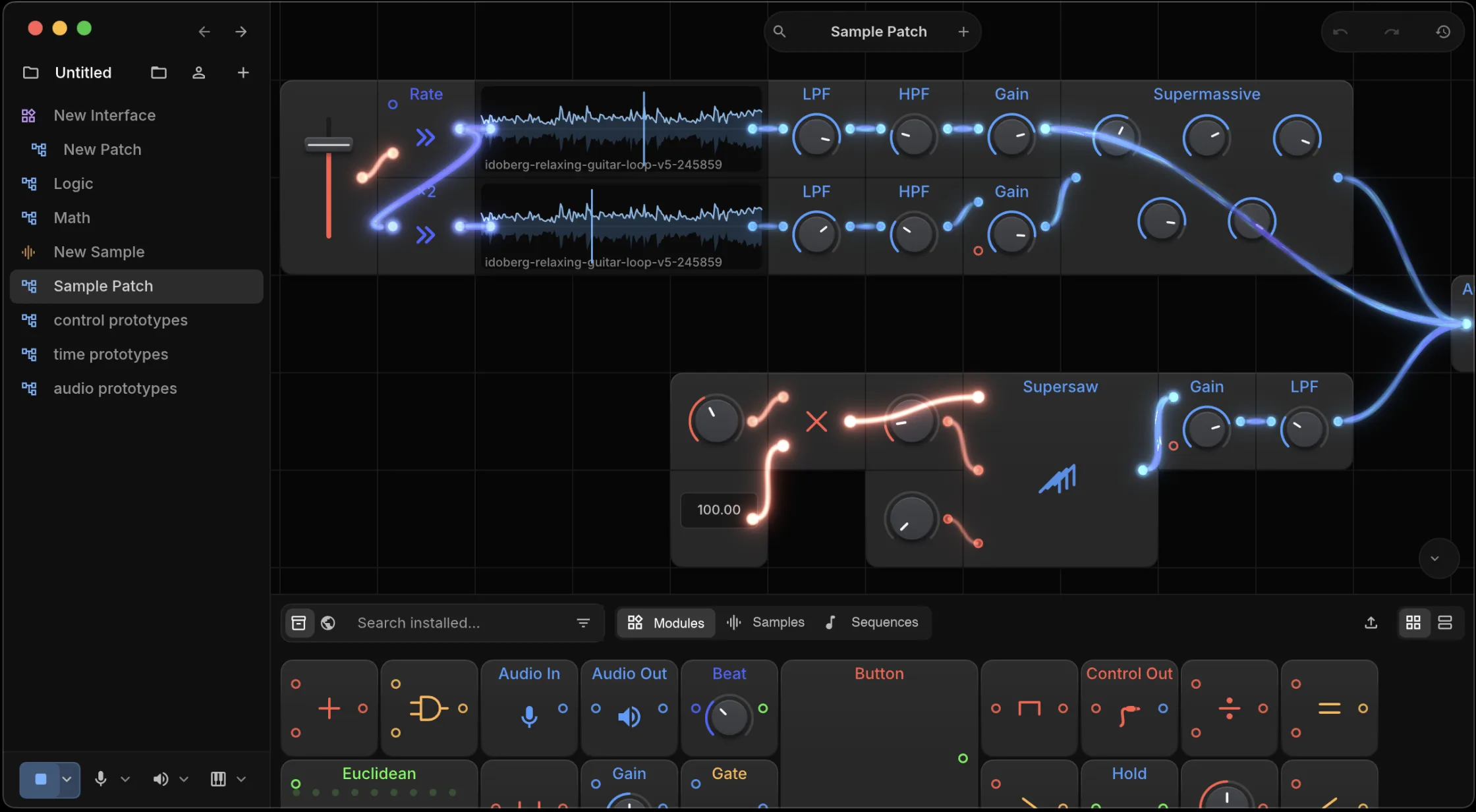 Route with a patch open: a project sidebar, sample and filter nodes wired through to Audio Out with signal glowing along the cables, and the module inventory along the bottom.